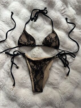 Black Lace Overlay String Bikini Set